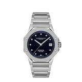 Stainless steel watch with dark blue aventurine glass dial and 11 diamonds on a white backdrop