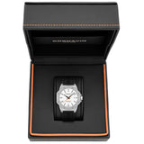 A Cornavin AT.02.R watch with a white dial, silver case, and black strap displayed against a plain background.