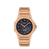 Rosegold watch with black mother of pearl dial and 11 diamonds on a white backdrop