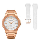 Rose gold watch with white strap on a white background