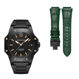 Black watch with rose gold accents and green strap on a white background