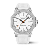 A Cornavin AT.02.R watch with a white dial, silver case, and white strap displayed against a plain background.