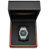 Silver watch in a black and orange box with Cornavin branding.
