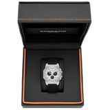 A silver-tone Cornavin watch with a black strap and white dial, presented inside an open black textured gift box with orange stitching and the brand name Cornavin visible on the inner lid.