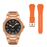 Rose gold watch with black face and orange strap on a white background