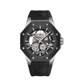 A Cornavin men's skeleton watch with a black rubber strap, black bezel, and a silver-toned case showing the inner mechanical movement through the dial.