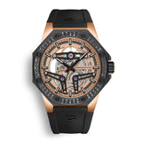 Swiss Made Cornavin Skeleton Automatic Watch with 80 Diamonds on the Bezel and 44 hour power reserve. Rosegold and Black PVD two-tone case and black rubber strap. Limited Edition. Diamond Edition.