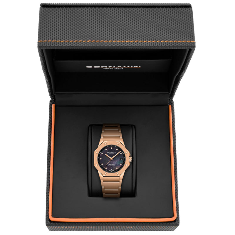Cornavin Downtown Sky women's watch with rosegold case and black mother-of-pearl dial with 11 diamonds