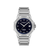 A Cornavin Downtown Sky watch with a stainless steel bracelet and a blue aventurine dial with a silver-toned case adorned with diamonds.