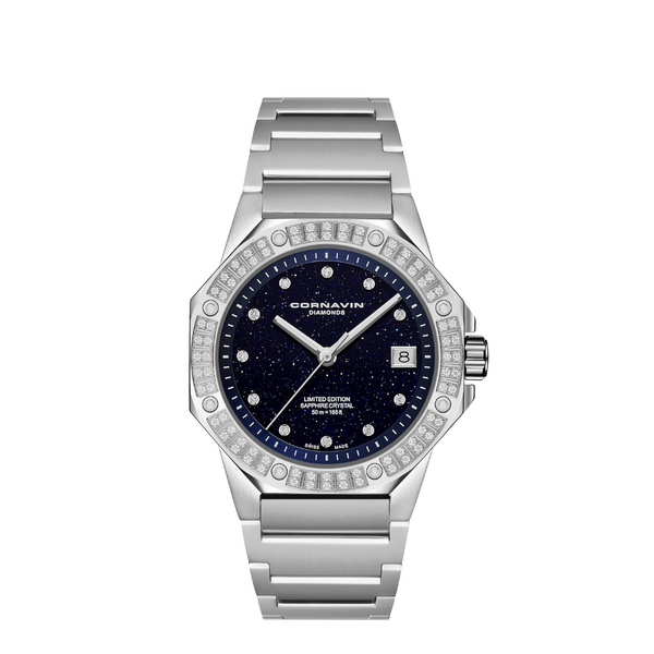 A Cornavin Downtown Sky watch with a stainless steel bracelet and a blue aventurine dial with a silver-toned case adorned with diamonds.
