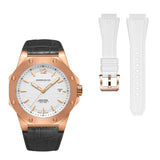 Rose gold watch with black leather strap and additional white strap on a white background