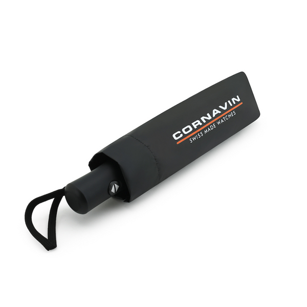 Black umbrella with Cornavin branding on a white background