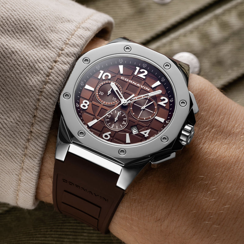 CORNAVIN CO 2012-2003R - Schweizer Chronograph mit braunem Zifferblatt und Kautschukband