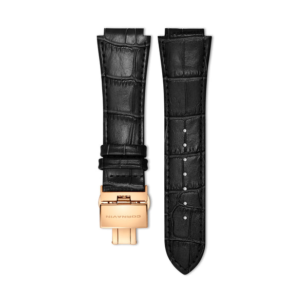 Black calf leather strap for Downtown and Downtown Sport watches with stainless steel butterfly buckle /  folding clasp