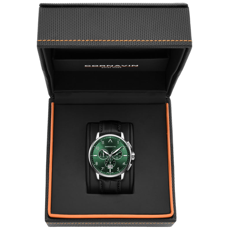 CORNAVIN CO.BD.05.L - Schweizer Uhr mit Grossdatum und grünem Zifferblatt