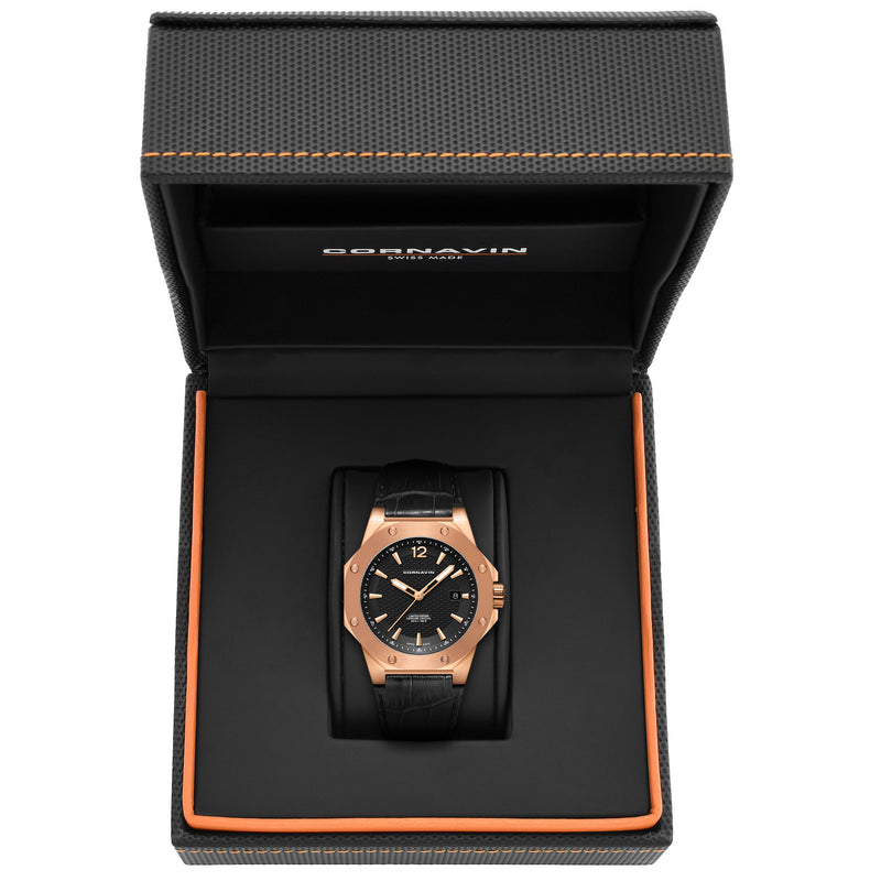 CORNAVIN CO 2021-2020 - Schweizer Uhr mit Roségold-PVD-Gehäuse und schwarzem Zifferblatt