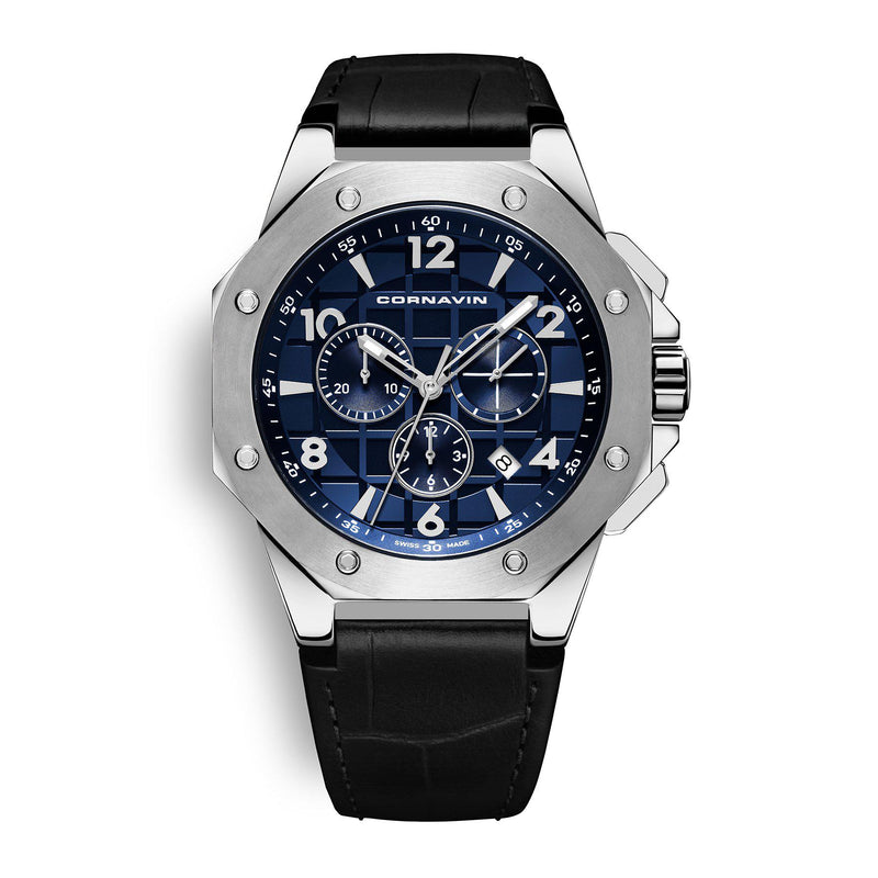 CORNAVIN CO 2012-2009R - Schweizer Uhr mit Chronograph und blauem Zifferblatt und schwarzem Lederband