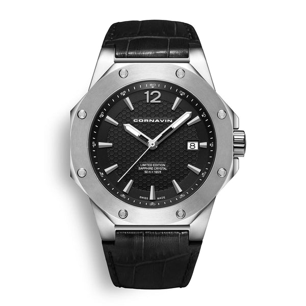 CORNAVIN CO 2021-2001 - Schweizer Uhr mit Edelstahlgehäuse und schwarzem Lederband                                