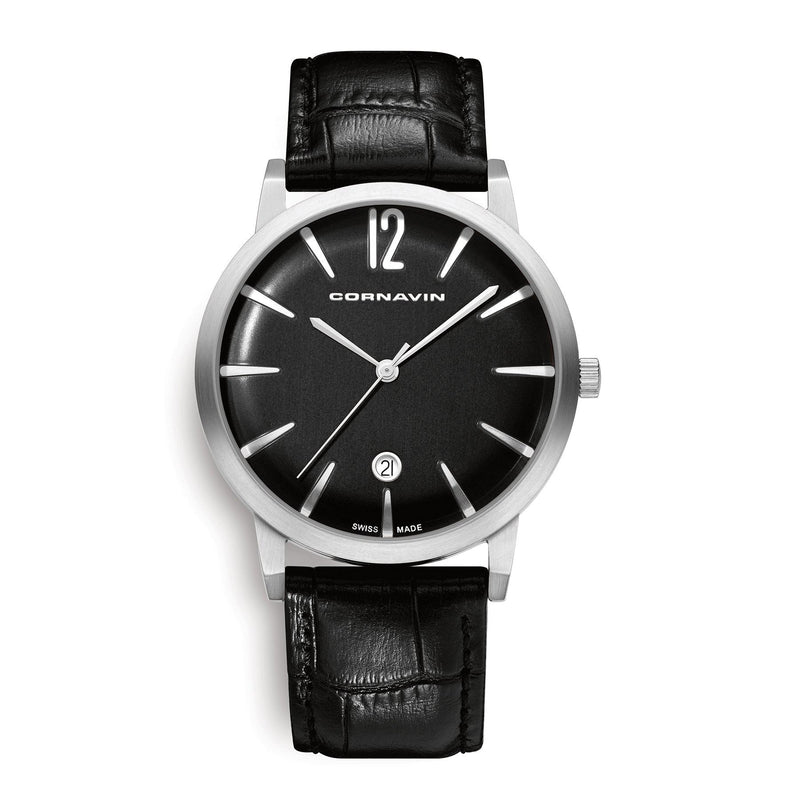 Cornavin Swiss Made Bellevue Uhr mit schwarzem Zifferblatt und Lederband 