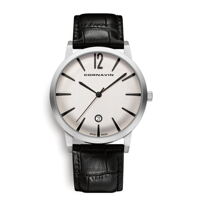 Cornavin Swiss Made Uhr der Kollektion Bellevue mit schwarzem Lederband
