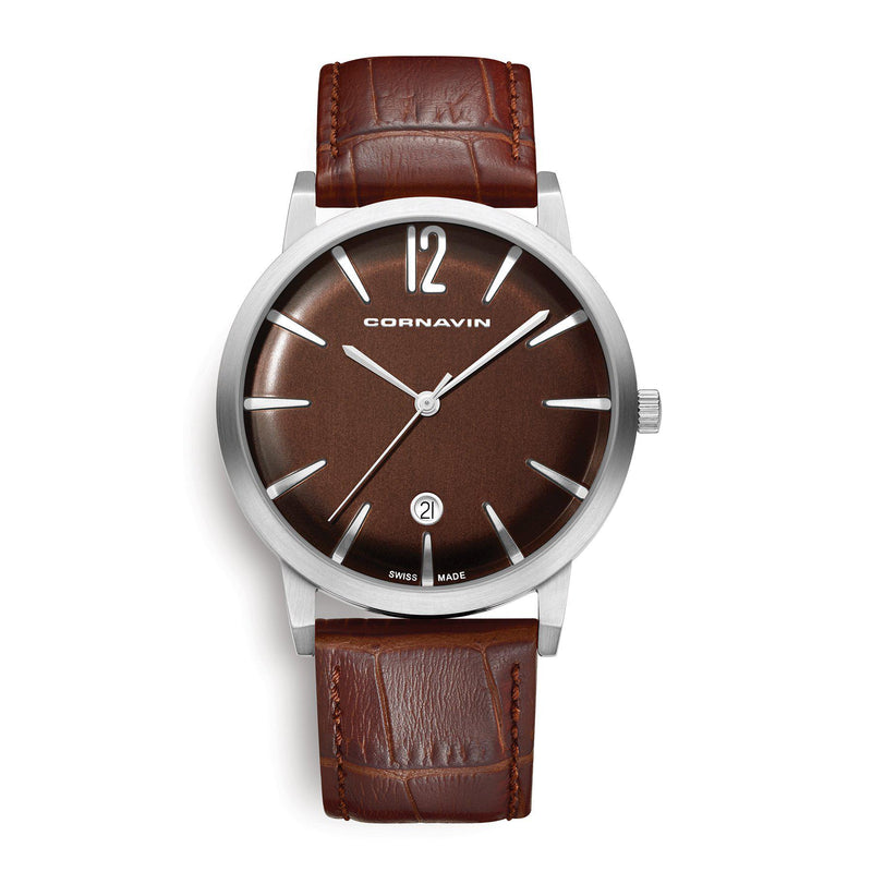Cornavin Swiss Made Bellevue Uhr mit braunem Zifferblatt und Lederband
