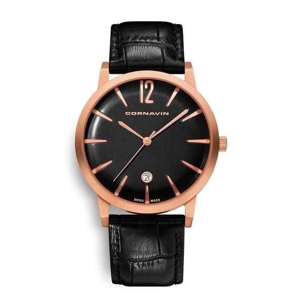 Cornavin Swiss Made Bellevue Uhr mit Roségold-PVD-Gehäuse und Lederband