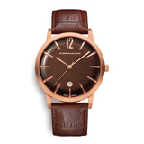 Cornavin Swiss Made Uhr Bellevue mit einem rotgoldenen PVD-Gehäuse und braunem Lederband