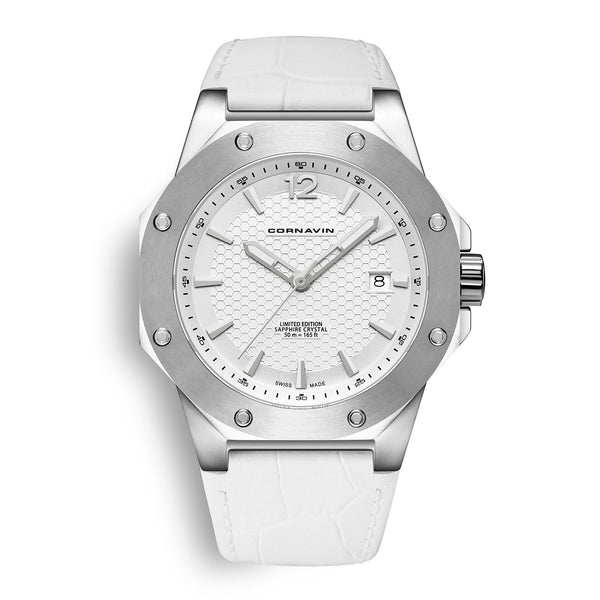 CORNAVIN CO 2021-2002 -Schweizer Uhr mit weissem Zifferblatt und weissem Lederband                                