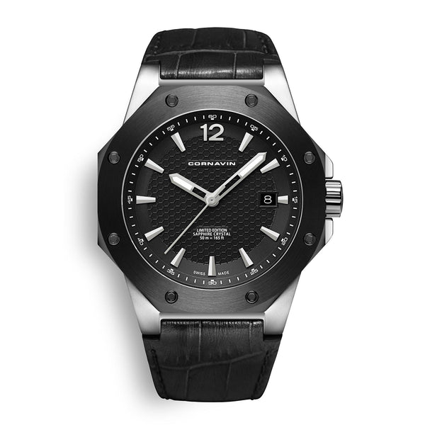 CORNAVIN CO 2021-2005 - Schweizer Uhr mit schwarzer Lünette und schwarzem Zifferblatt