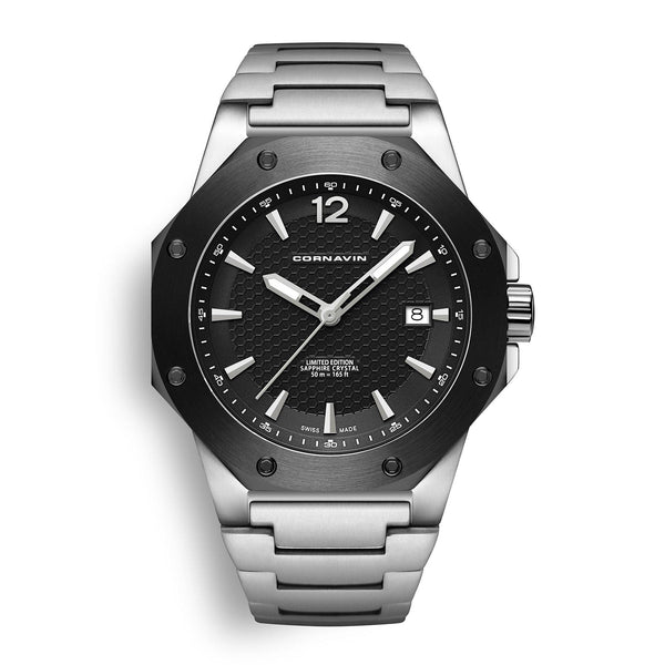 CORNAVIN CO 2021-2007 - Schweizer Uhr mit schwarzer Lünette und schwarzem Zifferblatt