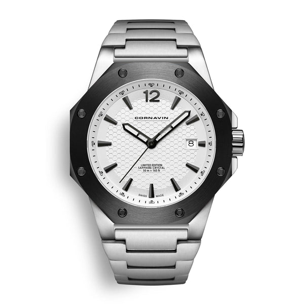 CORNAVIN CO 2021-2008 - Cornavin Schweizer Uhr mit schwarzer Lünette und weissem Zifferblatt