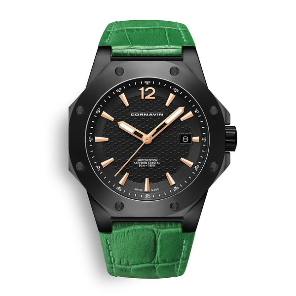 CORNAVIN CO 2021-2009 - Schweizer Uhr mit schwarzem PVD-Gehäuse und grünem Lederband
