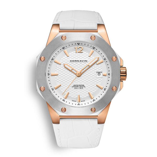 CORNAVIN CO 2021-2010 - Schweizer Uhr mit weissem Zifferblatt und weissem Lederband