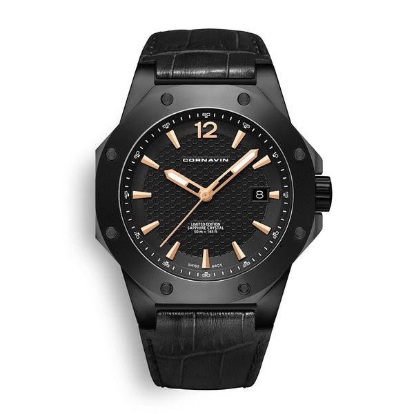 CORNAVIN CO 2021-2012 - Schweizer Uhr mit schwarzem PVD-Gehäuse und schwarzem Zifferblatt