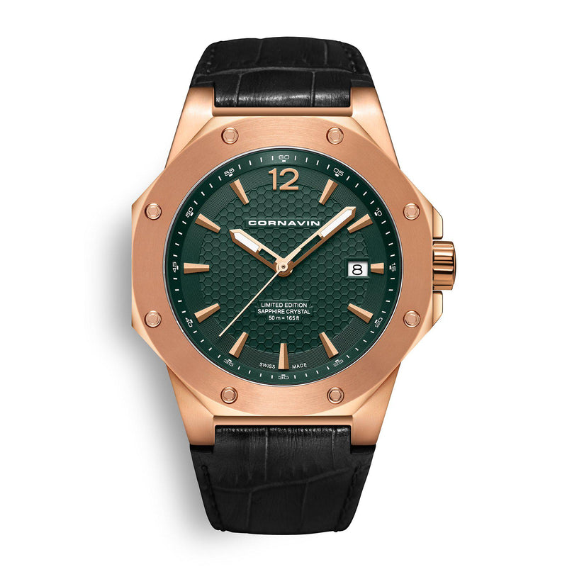 CORNAVIN CO 2021-2014 - Schweizer Uhr mit PVD-Roségold Gehäuse und grünem Zifferblatt