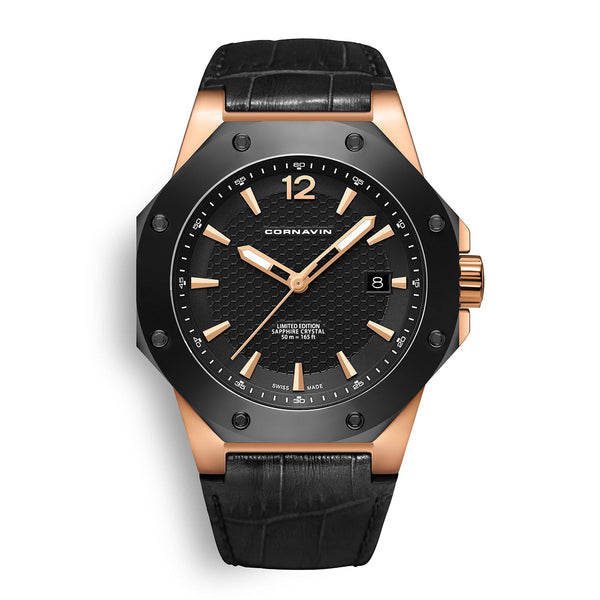 CORNAVIN CO 2021-2015 - Schweizer Uhr mit schwarzer Lünette und schwarzem Zifferblatt