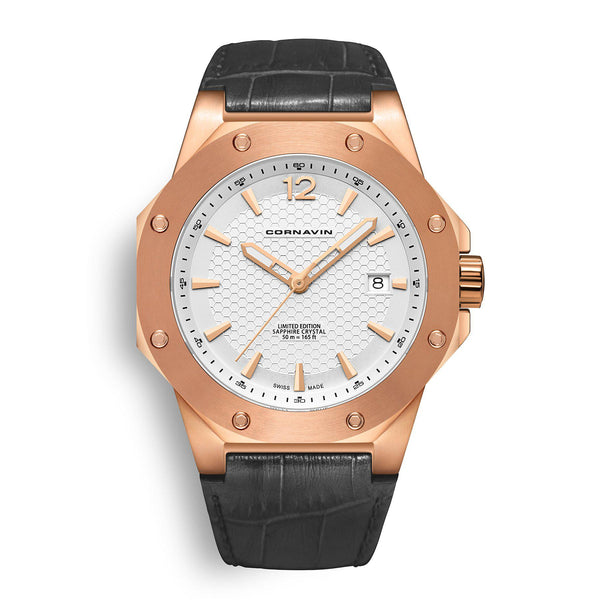 CORNAVIN CO 2021-2019 - Schweizer Uhr mit weissem Zifferblatt und grauem Lederband