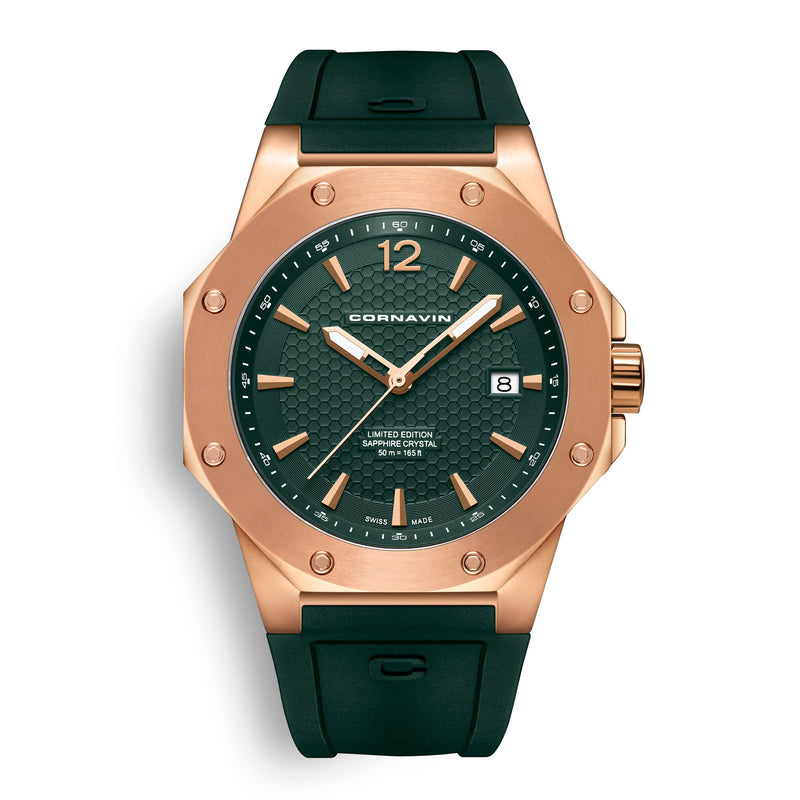 CORNAVIN CO 2021-2048- Swiss Made Watch with a Rose Gold PVD-coated case and green rubber strap