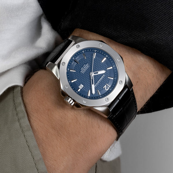 CORNAVIN CO 2021-2004 - Schweizer Uhr mit blauem Zifferblatt und schwarzem Lederband
