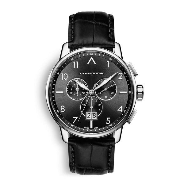 CORNAVIN CO.BD.01.L - Schweizer Uhr mit Grossdatum und schwarzem Zifferblatt