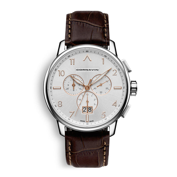 CORNAVIN CO.BD.02.L - Schweizer Uhr mit  Grossdatum und braunem Lederband