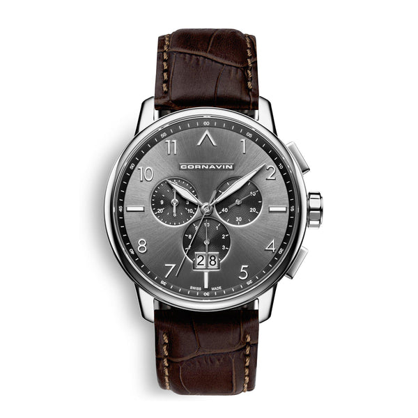 CORNAVIN CO.BD.03.L - Schweizer Uhr mit Grossdatum und braunem Lederband