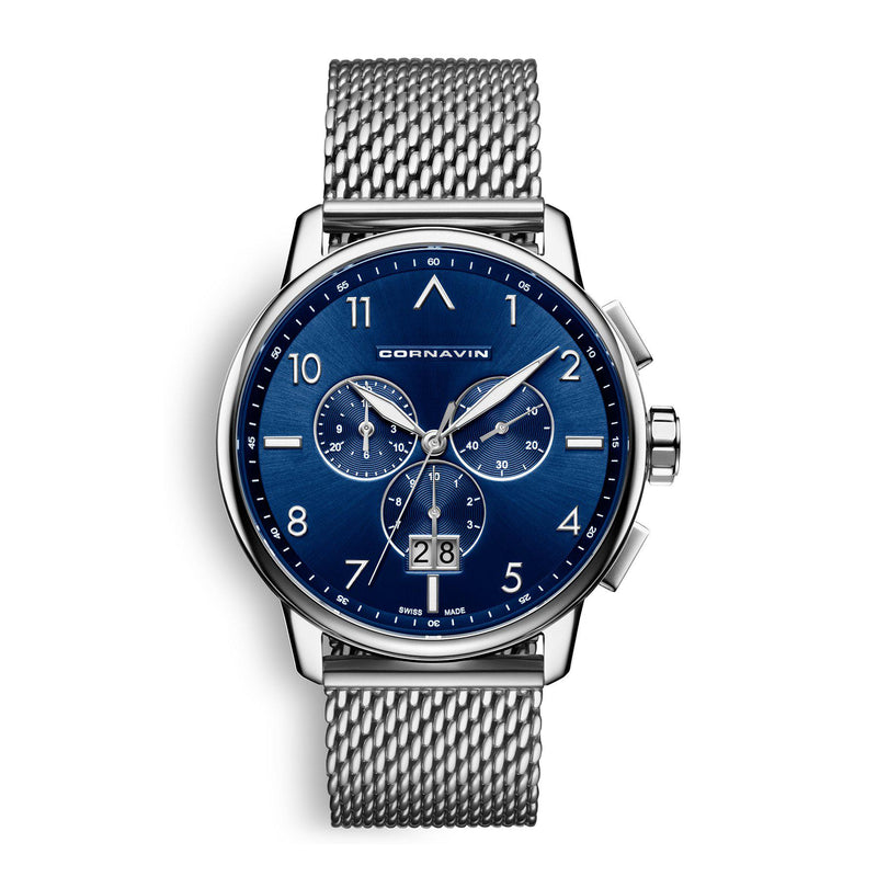 CORNAVIN CO.BD.04.B -Schweizer Uhr mit Grossdatum und blauem Zifferblatt