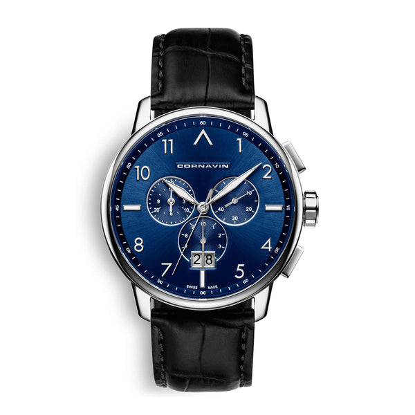 CORNAVIN CO.BD.04.L - Schweizer Uhr mit Grossdatum und blauem Zifferblatt