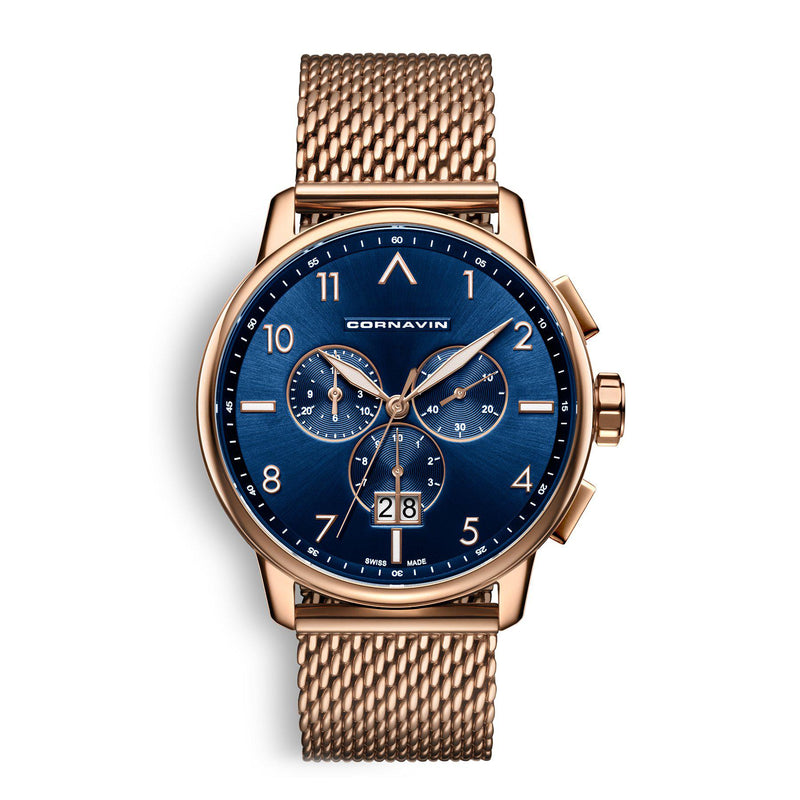 CORNAVIN CO.BD.09.B - Schweizer Uhr mit Grossdatum und blauem Zifferbaltt 