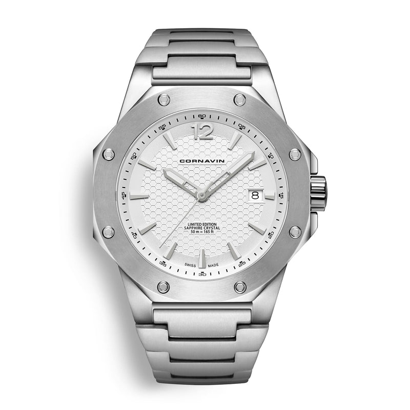 CORNAVIN CO 2021-2045 - Swiss Made Watch with a white dial and stainless steel bracelet.