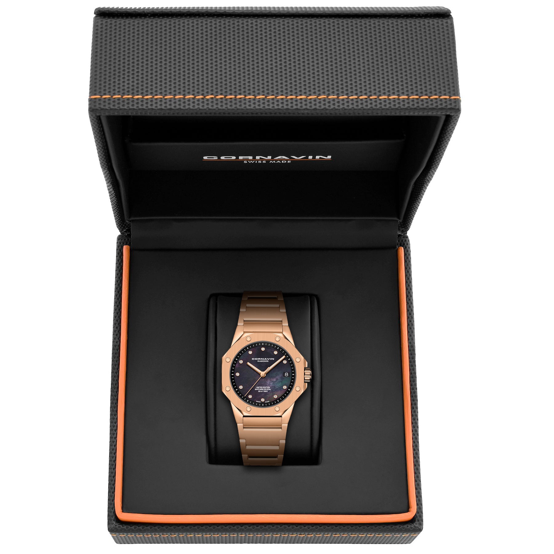 Cornavin Downtown Sky women's watch with rosegold case and black mother-of-pearl dial with 11 diamonds