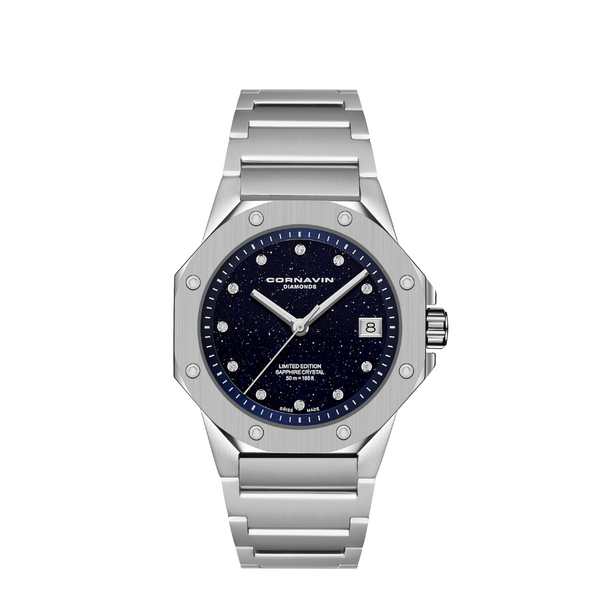 Stainless steel watch with dark blue aventurine glass dial and 11 diamonds on a white backdrop