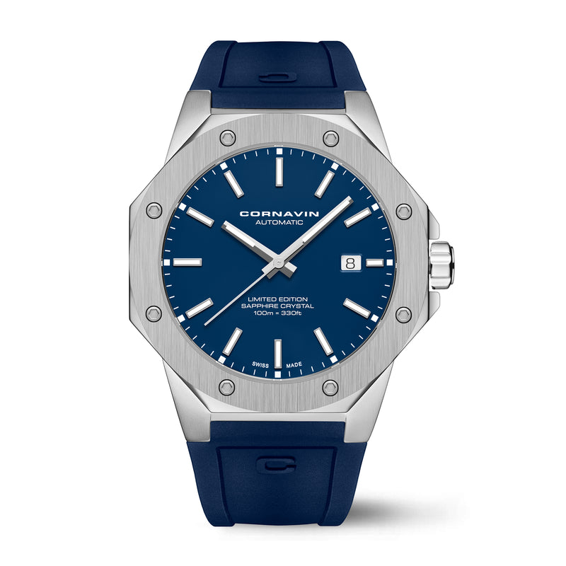 A Cornavin AT.01.R watch with a blue lacquered dial, silver case, and a blue silicone strap.