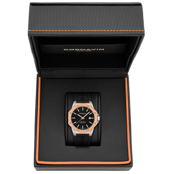 A Cornavin AT.04.R watch with a black lacquered dial, rose gold PVD-coated bezel, and a black silicone strap.